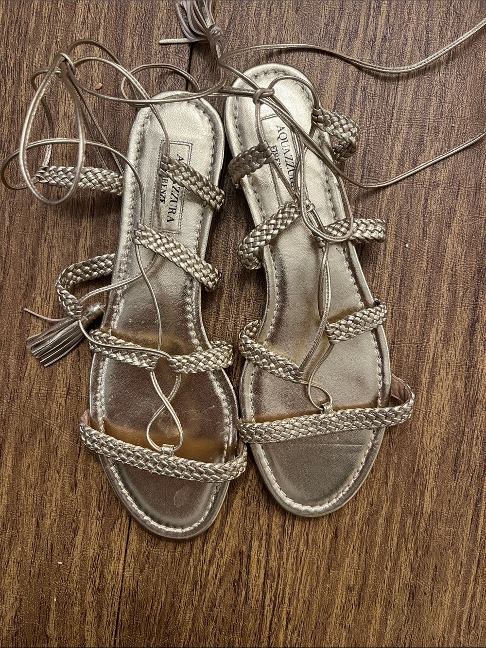 Aquazzura Metallic Gold Braided Lace-Up Gladiator Sandals